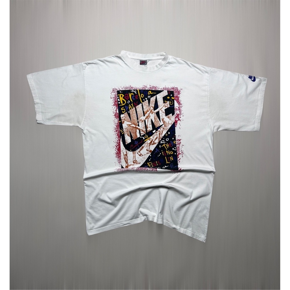 Vintage Nike Barcelona Spain Graphic T-Shirt XL White 90s Olympic Running Tee